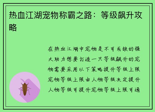 热血江湖宠物称霸之路：等级飙升攻略