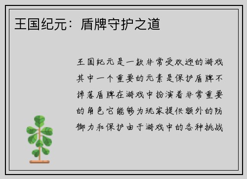 王国纪元：盾牌守护之道